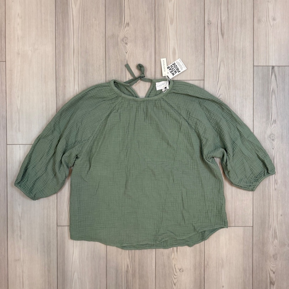 Alice Walk Sage Green Organic Cotton Gauze Tie Back Blouse XL NWT